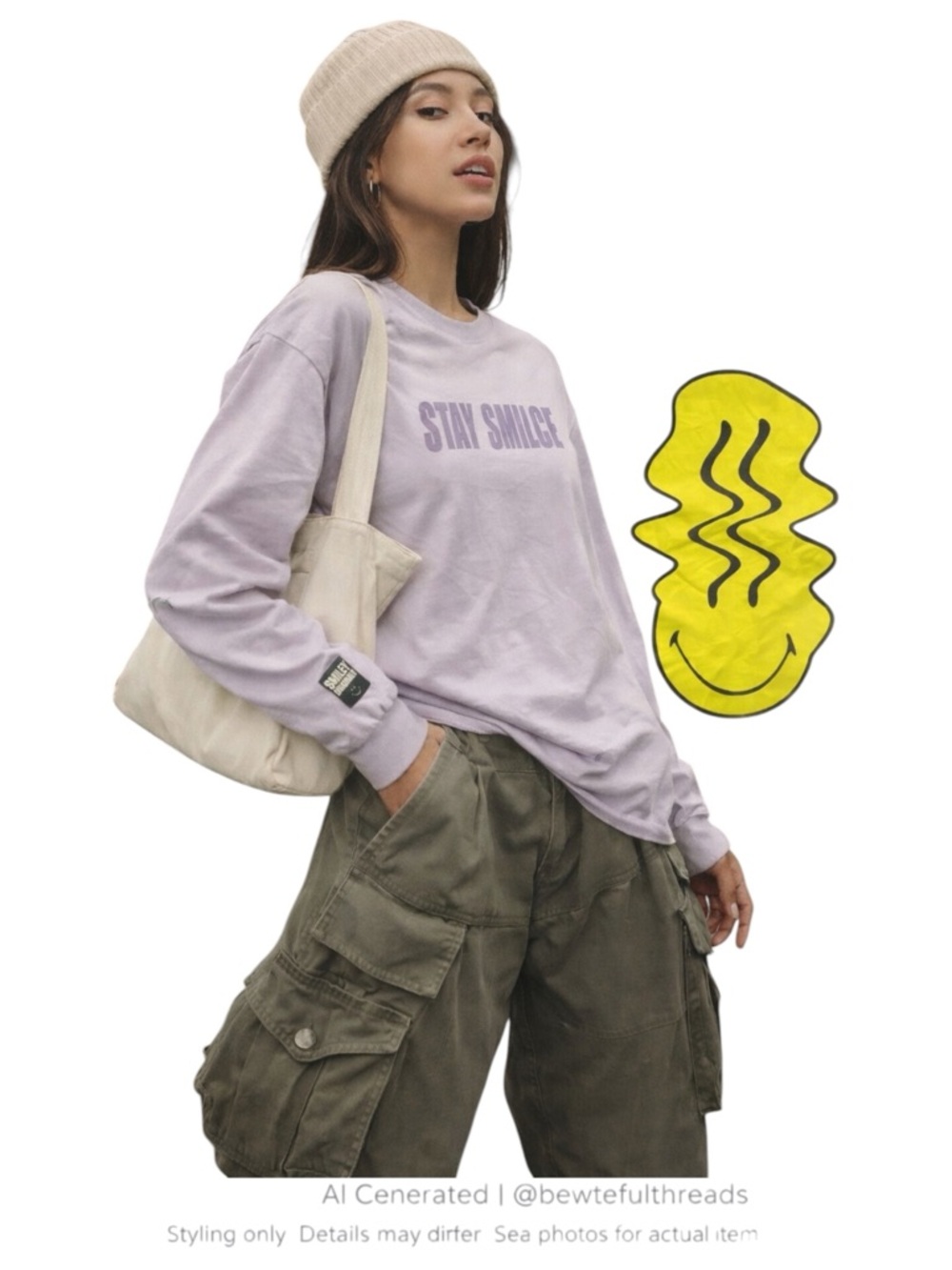 Y2K Smiley Graphic Long Sleeve Tee Oversized Streetwear Lilac L